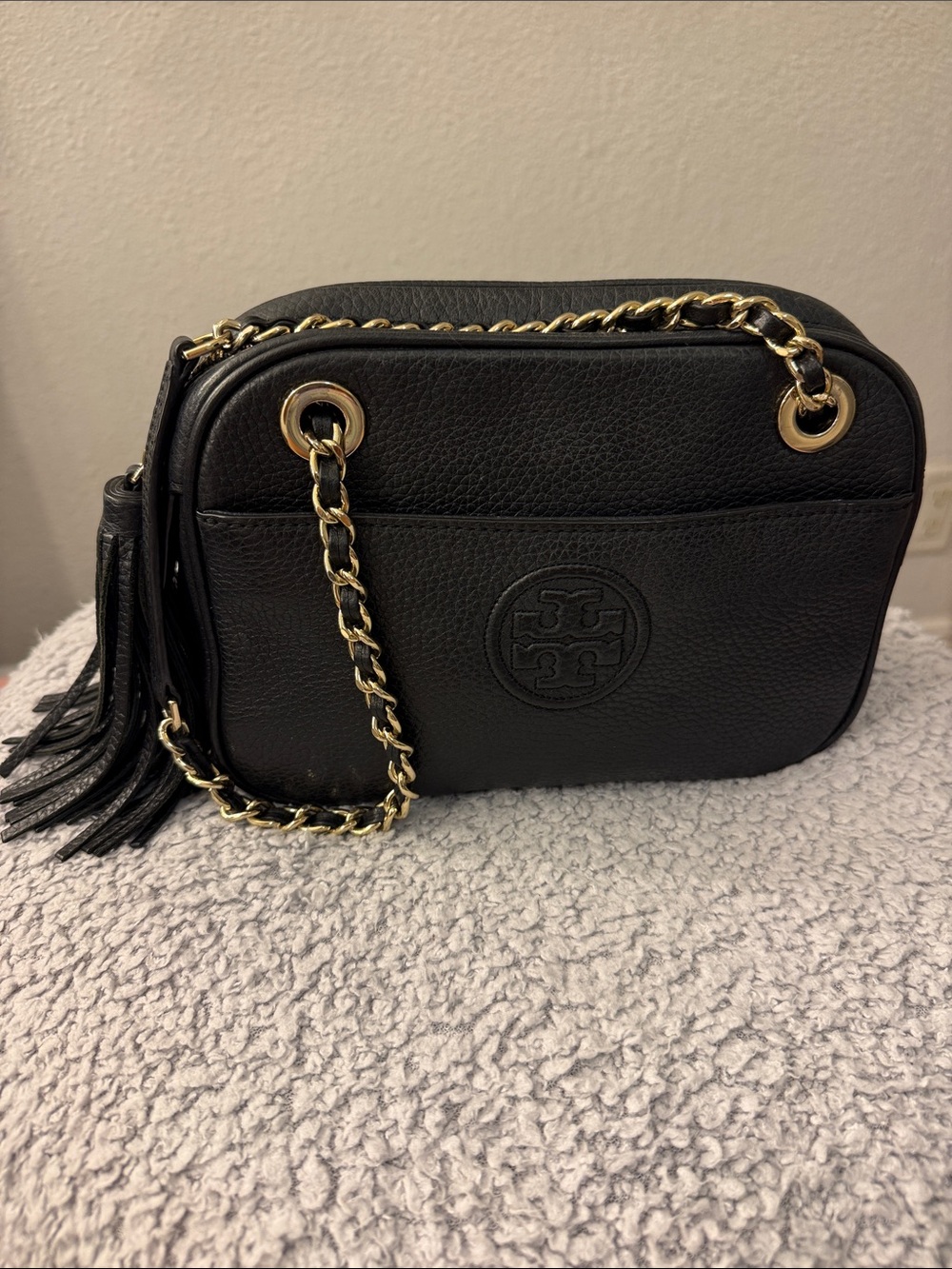 Tory Burch Black Leather Crossbody Camera Bag with Gold Chain
